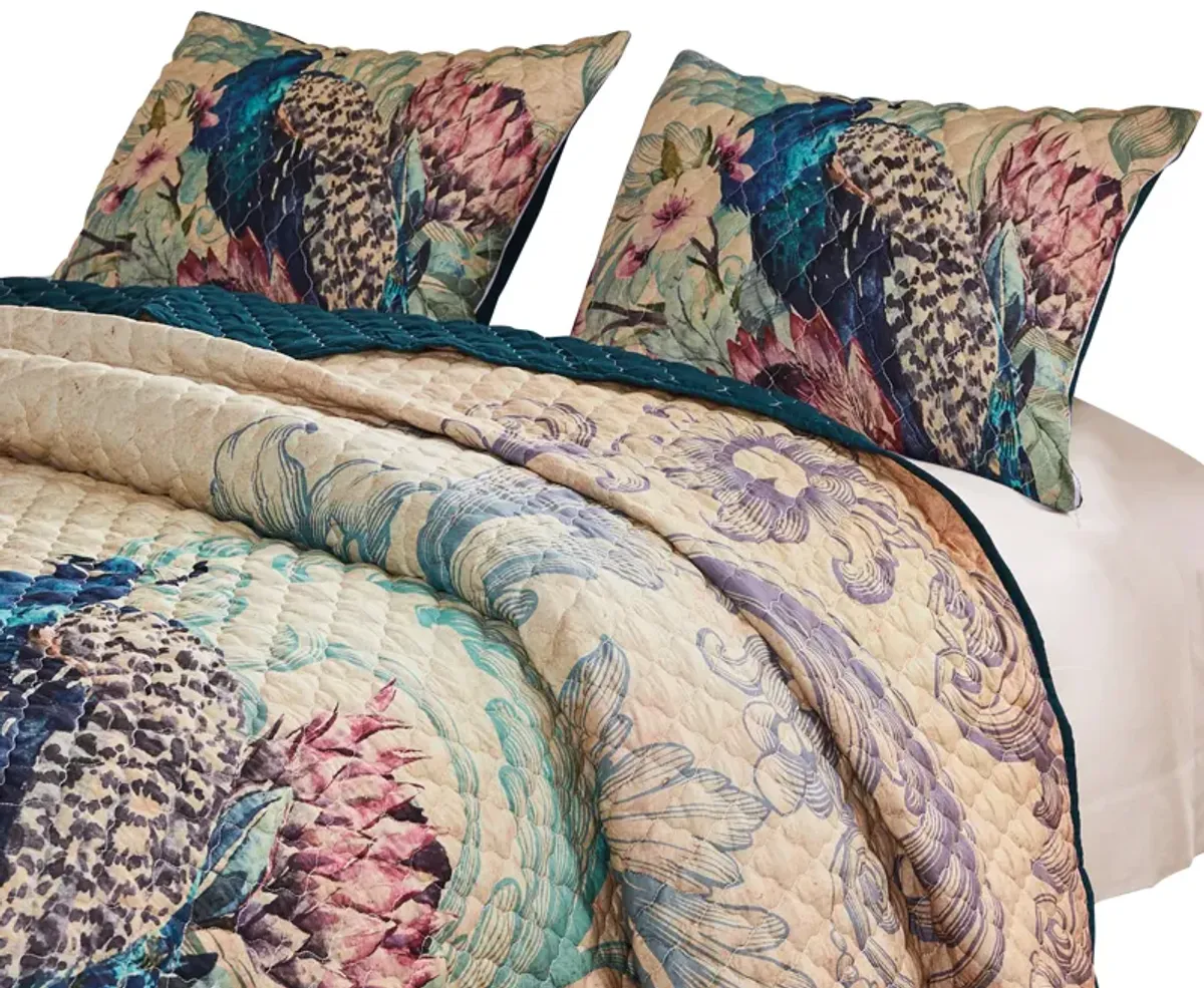 Ufa 36 Inch Quilted King Pillow Sham, Peacock Print, Vermicelli Stitching - Benzara