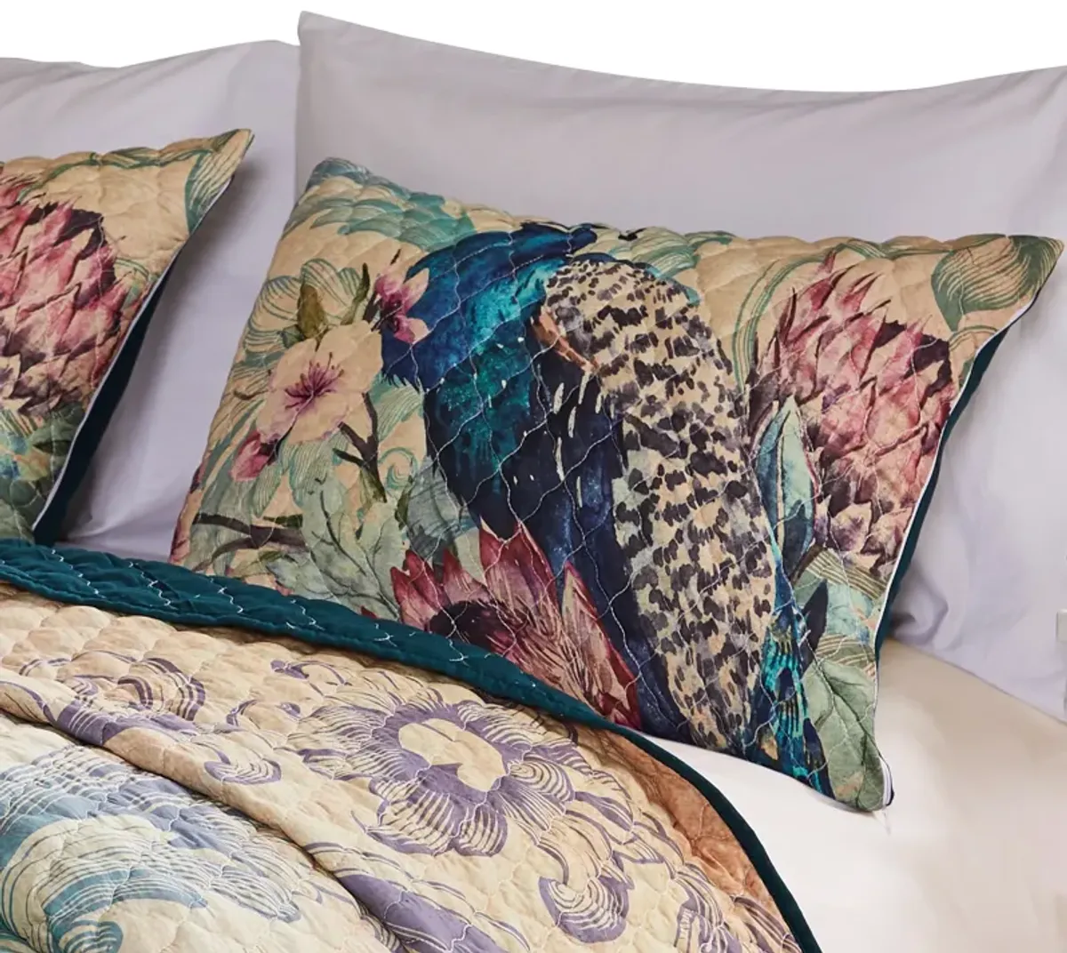 Ufa 36 Inch Quilted King Pillow Sham, Peacock Print, Vermicelli Stitching - Benzara