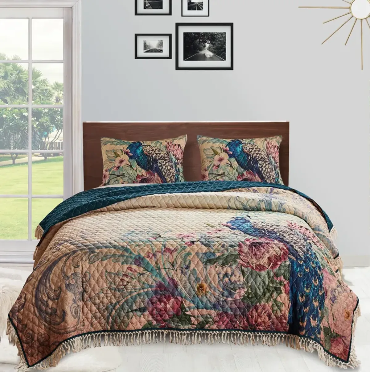 Ufa 36 Inch Quilted King Pillow Sham, Peacock Print, Vermicelli Stitching - Benzara