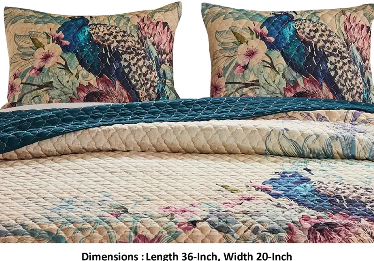 Ufa 36 Inch Quilted King Pillow Sham, Peacock Print, Vermicelli Stitching - Benzara