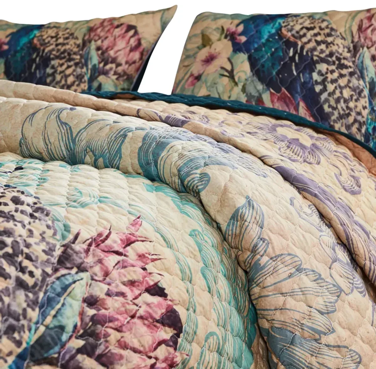 Ufa 36 Inch Quilted King Pillow Sham, Peacock Print, Vermicelli Stitching - Benzara