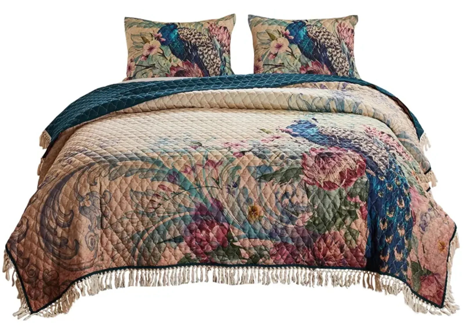 Ufa 36 Inch Quilted King Pillow Sham, Peacock Print, Vermicelli Stitching - Benzara