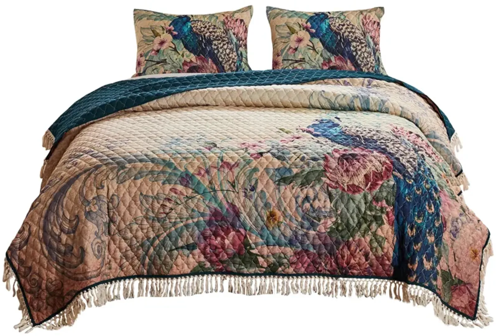 Ufa 36 Inch Quilted King Pillow Sham, Peacock Print, Vermicelli Stitching - Benzara