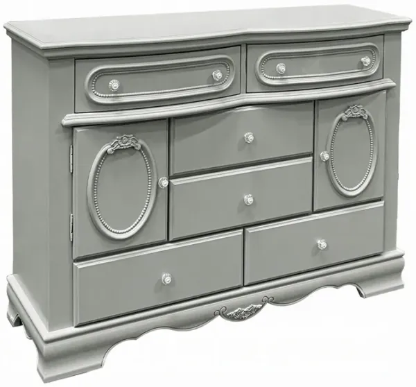 Auri Kids Wide Dresser Chest with 6 Drawers, Scalloped Base, Gray Wood - Benzara