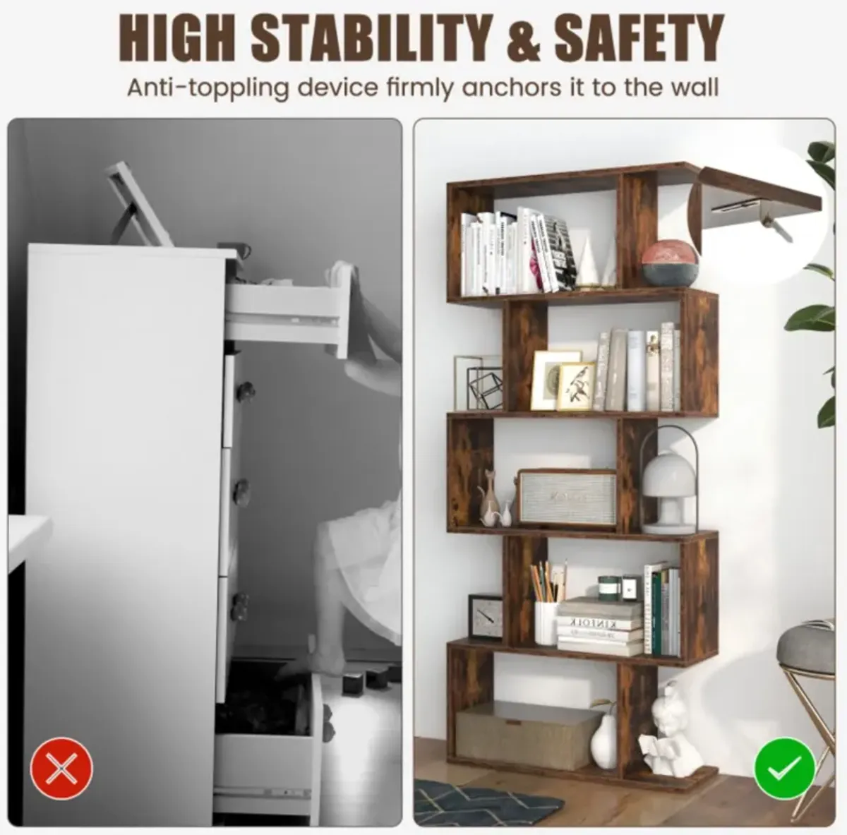 Hivvago 5-Tier Bookshelf with Anti-Toppling Device for Living Room Home Office