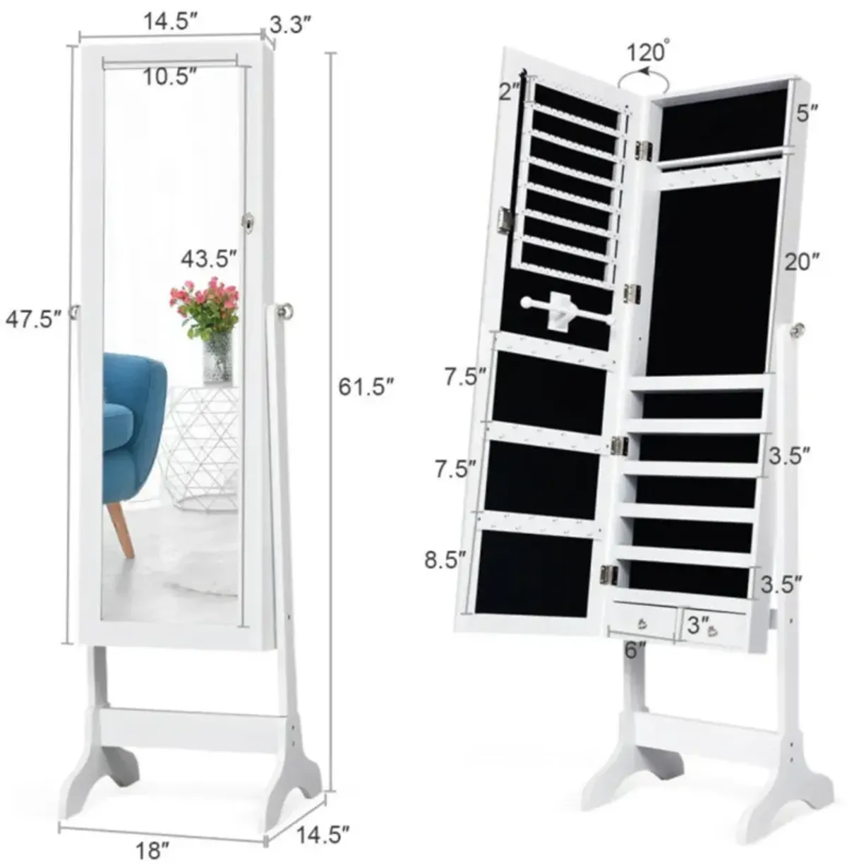 Hivvago Lockable Mirrored Jewelry Cabinet Armoire Storage Organizer Box