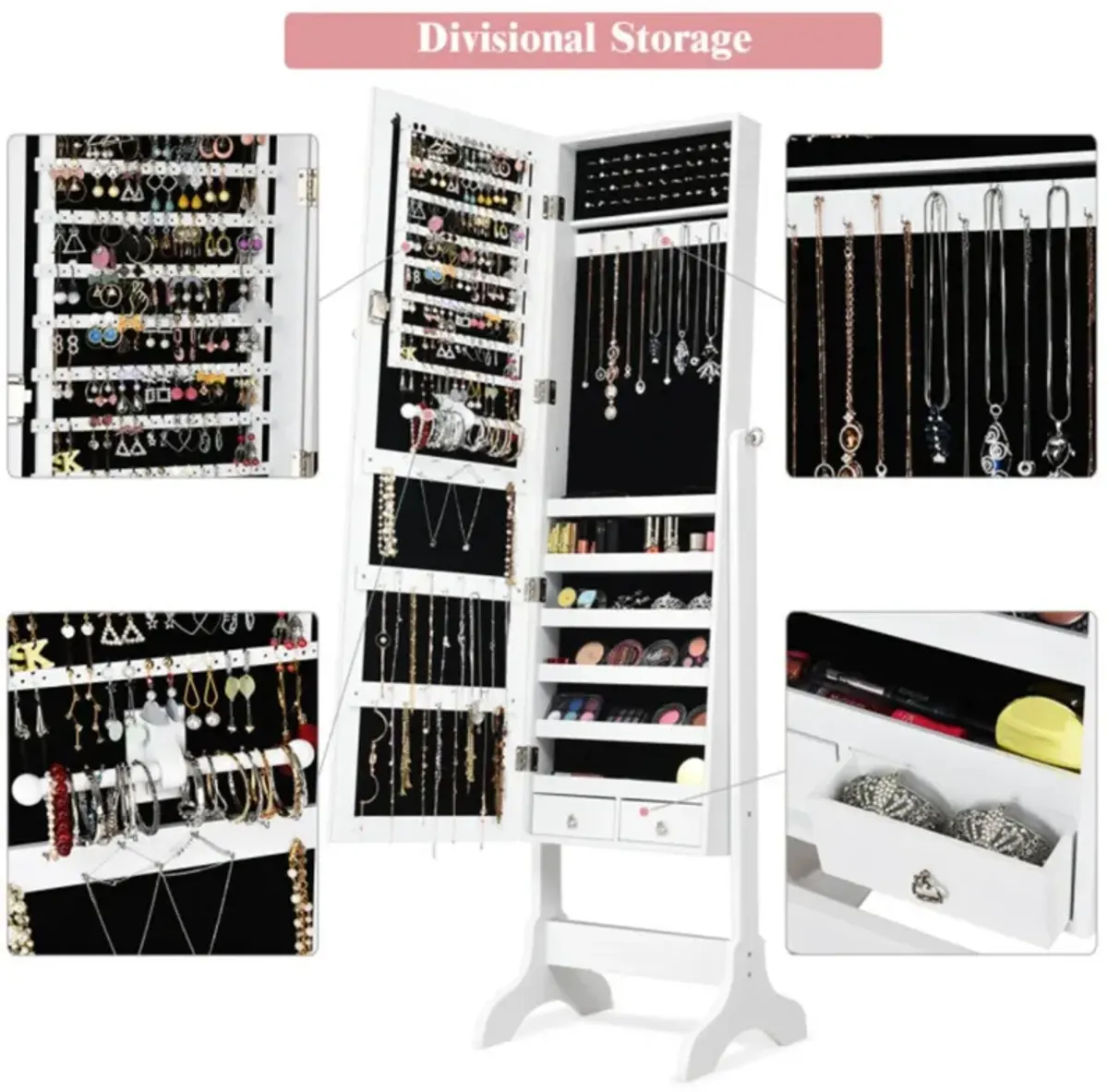 Hivvago Lockable Mirrored Jewelry Cabinet Armoire Storage Organizer Box