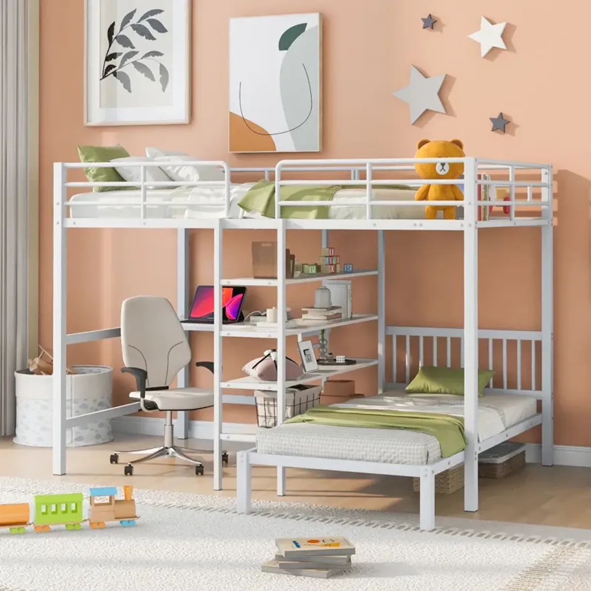 Full Over Twin Metal Bunk Bed With Built-In Desk, Shelves And Ladder