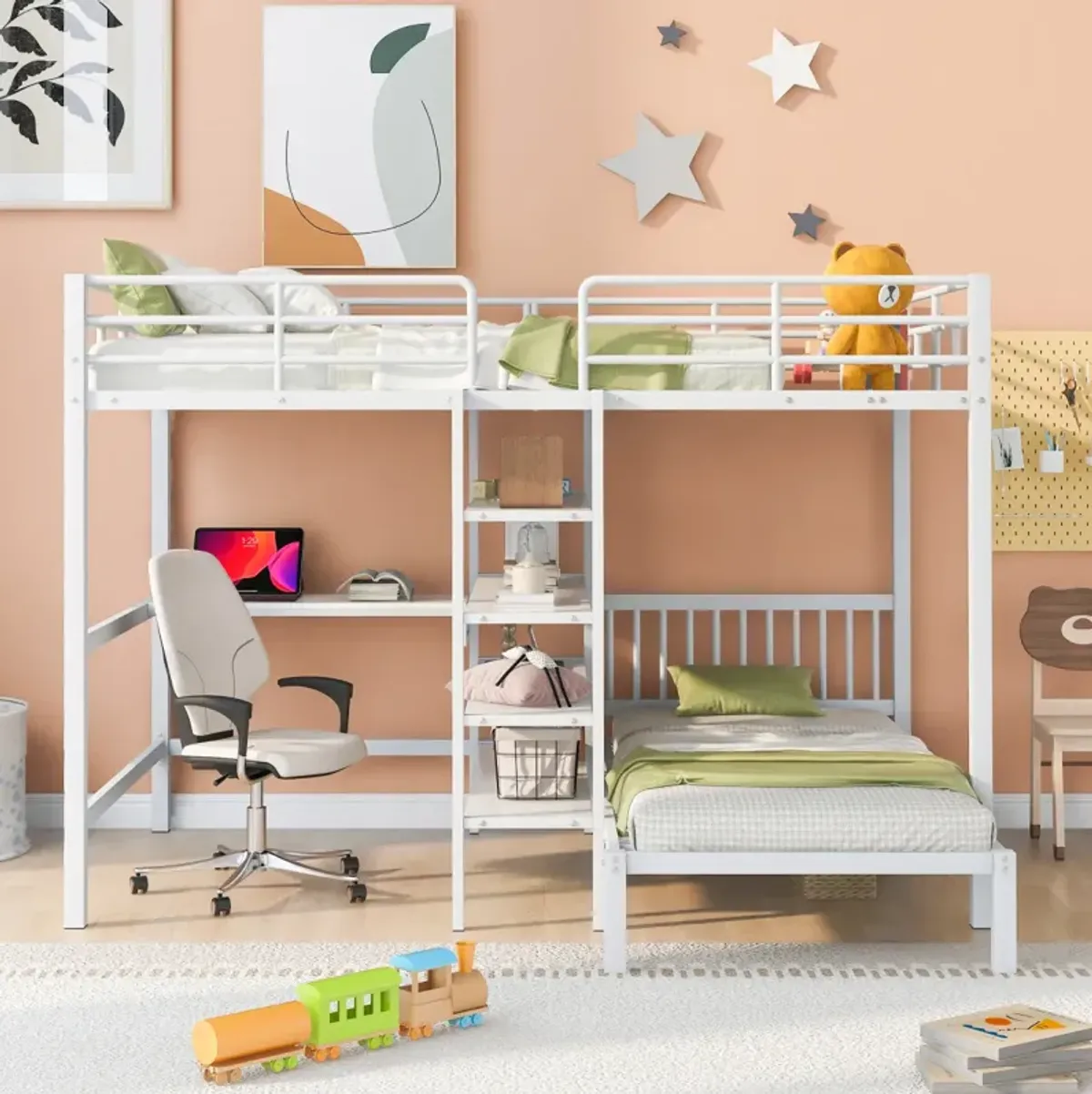 Full Over Twin Metal Bunk Bed With Built-In Desk, Shelves And Ladder