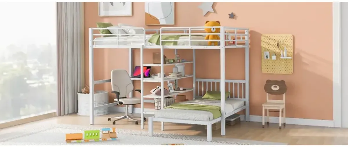 Full Over Twin Metal Bunk Bed With Built-In Desk, Shelves And Ladder