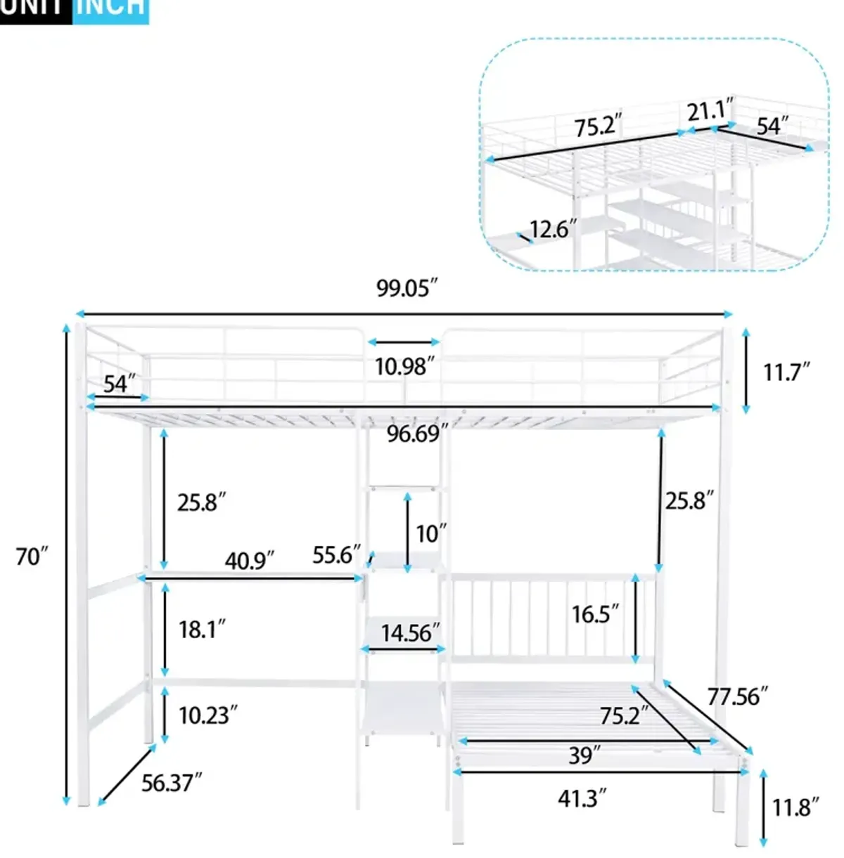 Full Over Twin Metal Bunk Bed With Built-In Desk, Shelves And Ladder