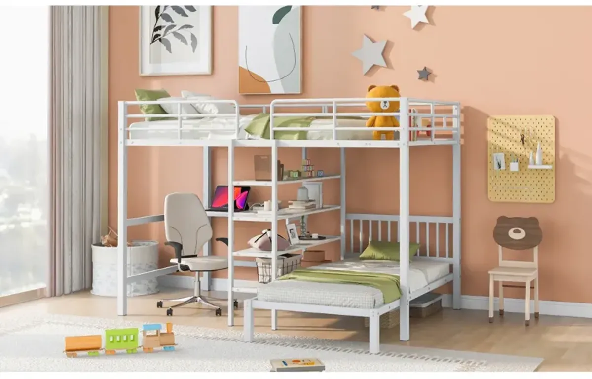 Full Over Twin Metal Bunk Bed With Built-In Desk, Shelves And Ladder