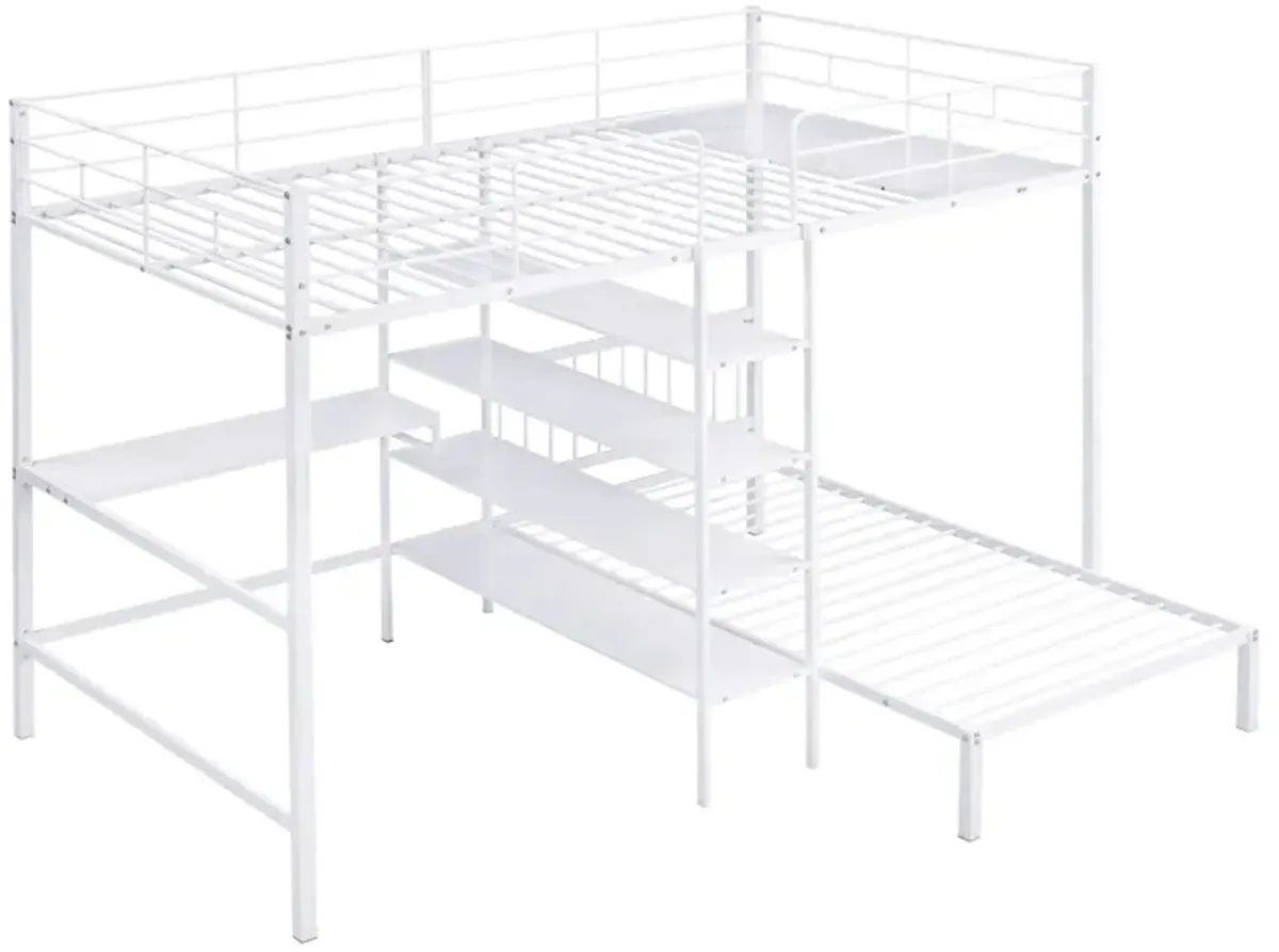 Full Over Twin Metal Bunk Bed With Built-In Desk, Shelves And Ladder