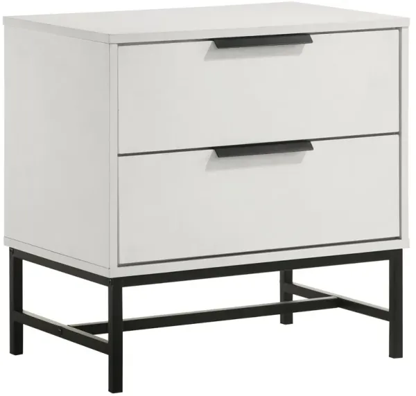 Noro Nightstand, 24 Inch, 2 Storage Drawers, Modern White, Black Metal - Benzara