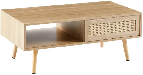 Rattan Coffee Table, Sliding Door For Storage, Solid Wood Legs, Modern Table For Living Room