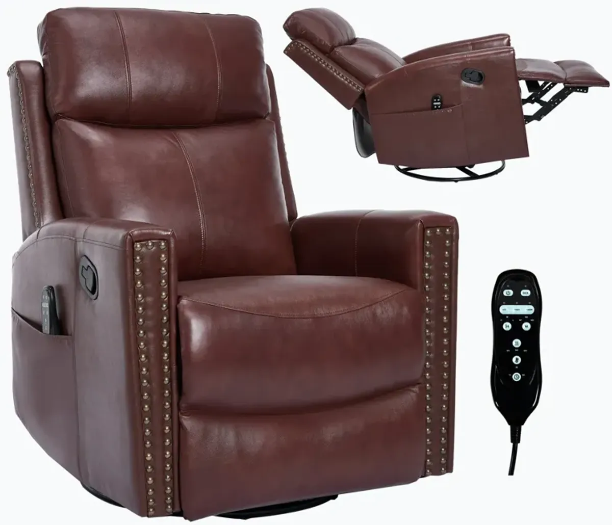 Camel Brown Genuine Leather Heat Massage Manual Recliner Chair with Rocker and Swivel for Living Room