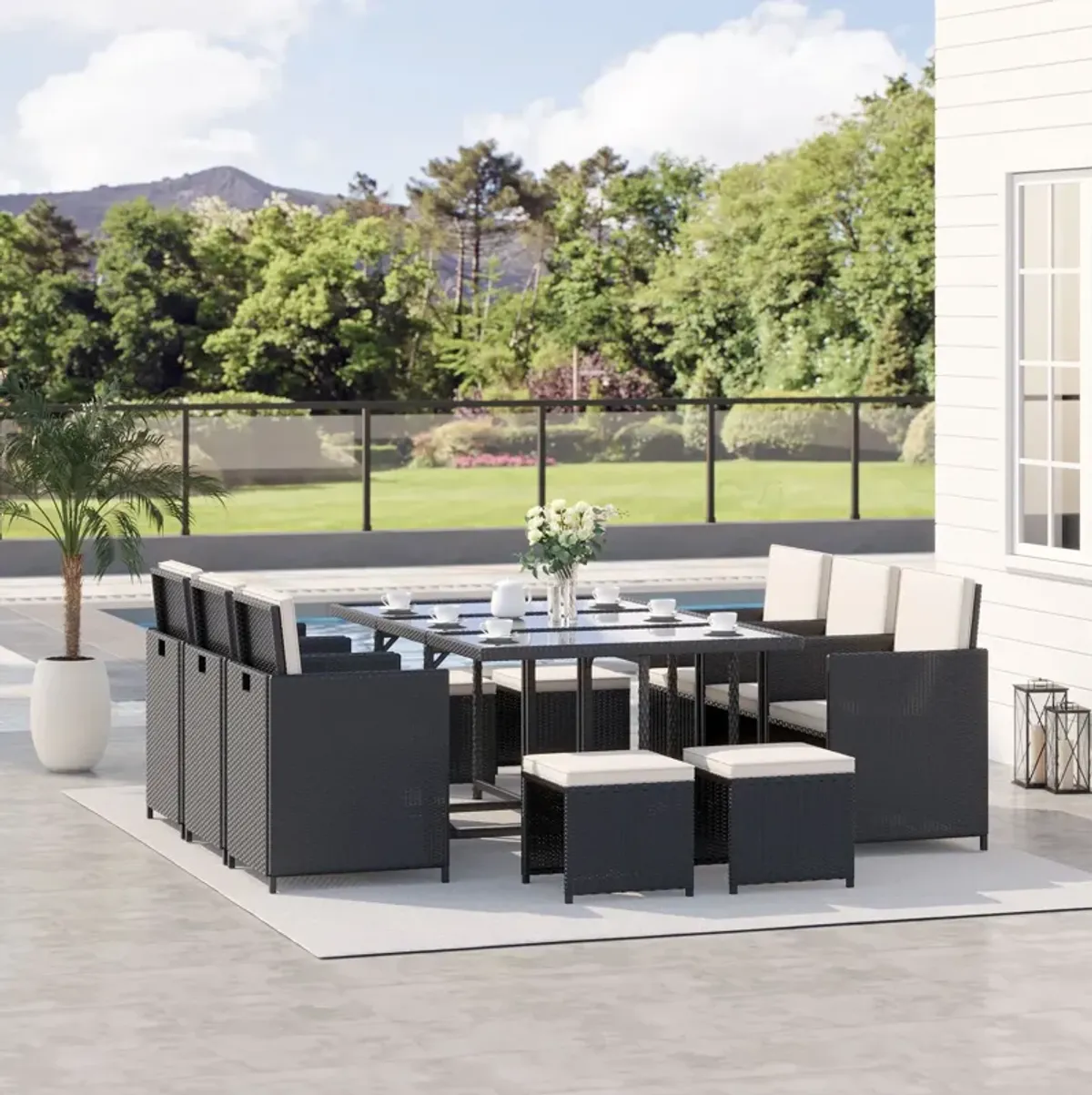 Expansive Outdoor Lounge: 11-Piece Cream White Rattan Conversation Set