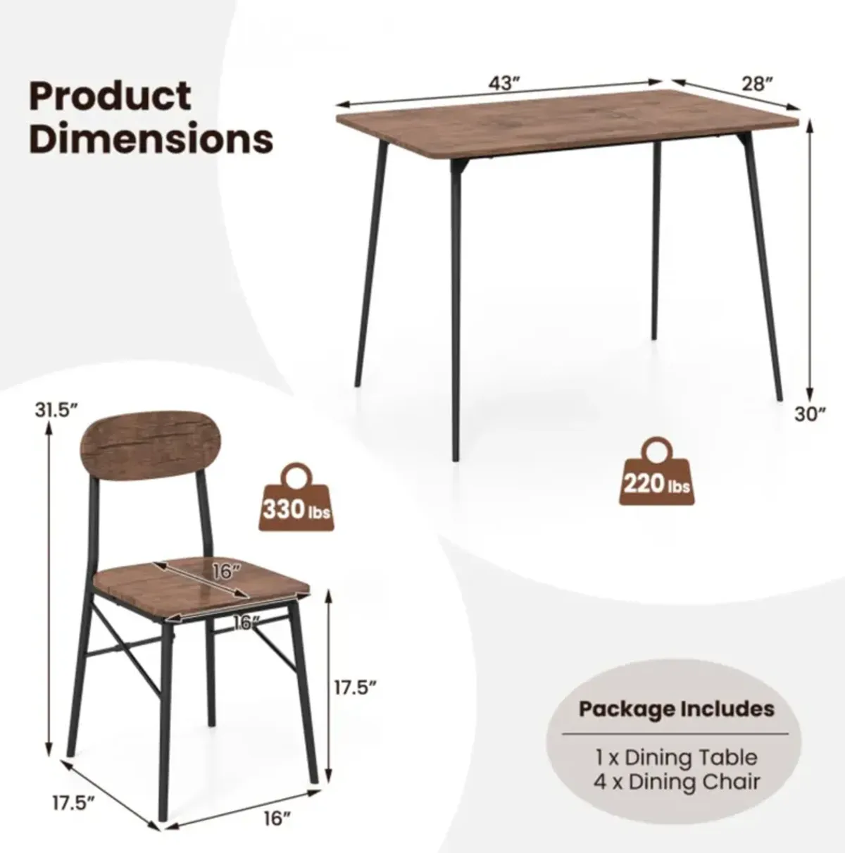 Hivvago 5 Piece Dining Table Set Rectangular with Backrest and Metal Legs for Breakfast Nook-Rustic Brown