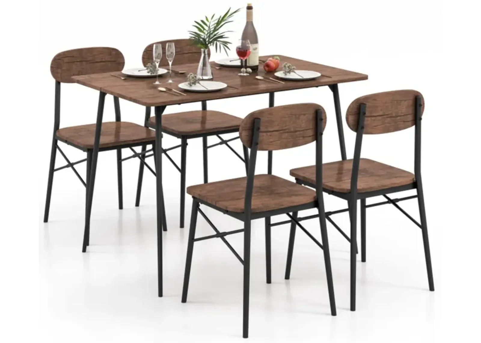 Hivvago 5 Piece Dining Table Set Rectangular with Backrest and Metal Legs for Breakfast Nook-Rustic Brown