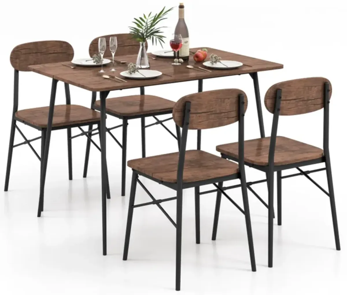 Hivvago 5 Piece Dining Table Set Rectangular with Backrest and Metal Legs for Breakfast Nook-Rustic Brown