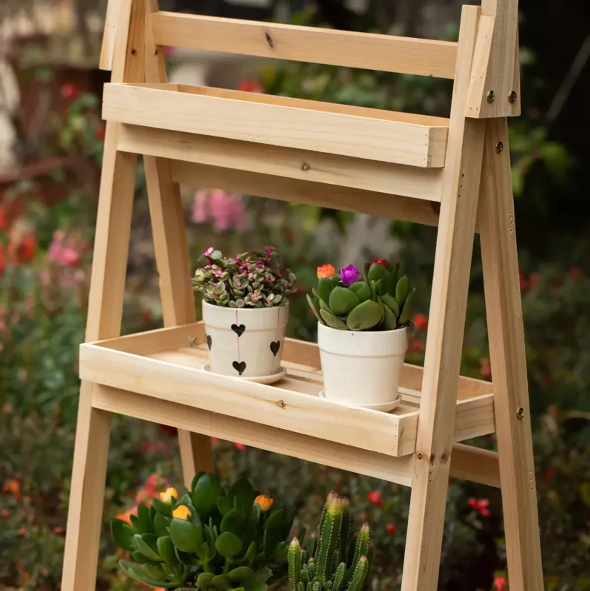 Multi-Functional Wooden Shelf Plant Stand, Storage Rack and Bookcase for Indoor and Covered Outdoor Spaces - Enhances Patios, Porches, Living Rooms, Balconies, Corners, Gardens, and Home Offices