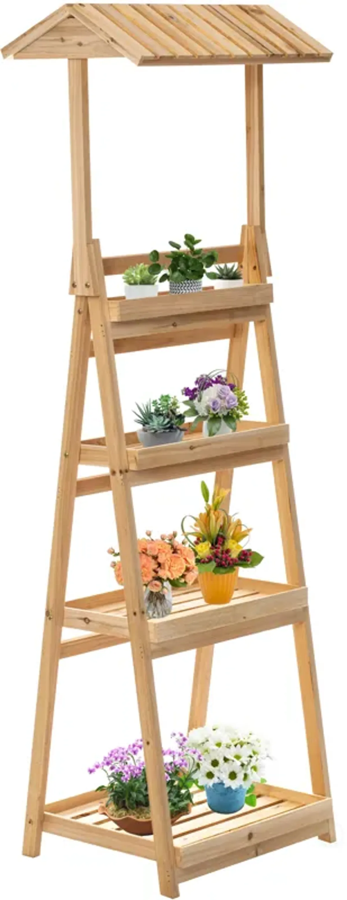 Multi-Functional Wooden Shelf Plant Stand, Storage Rack and Bookcase for Indoor and Covered Outdoor Spaces - Enhances Patios, Porches, Living Rooms, Balconies, Corners, Gardens, and Home Offices