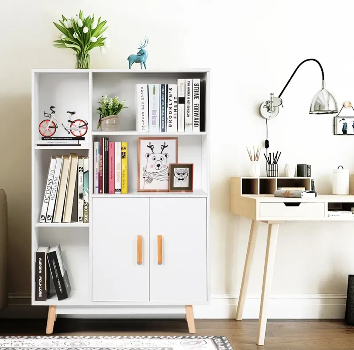 Free Standing Pantry Cabinet with 2 Door Cabinet and 5 Shelves