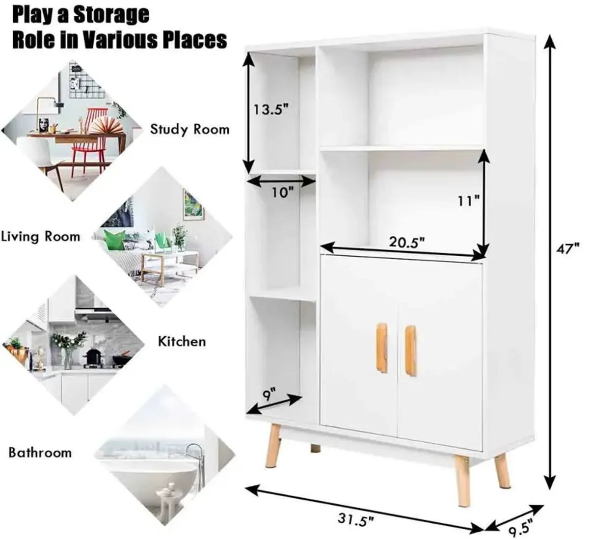 Free Standing Pantry Cabinet with 2 Door Cabinet and 5 Shelves