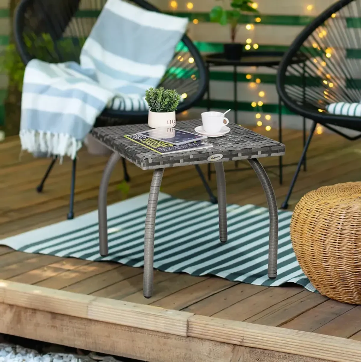 Outdoor PE Wicker Side Table, Small Square Rattan End Table, All-Weather Material Coffee Table for Garden, Balcony, Backyard, Gray