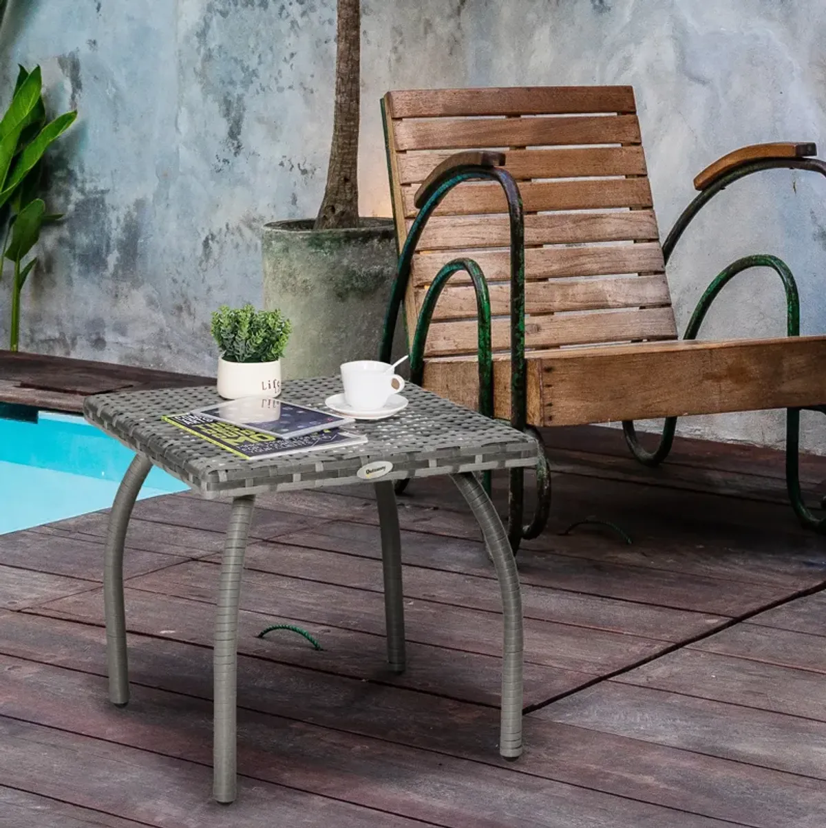 Outdoor PE Wicker Side Table, Small Square Rattan End Table, All-Weather Material Coffee Table for Garden, Balcony, Backyard, Gray