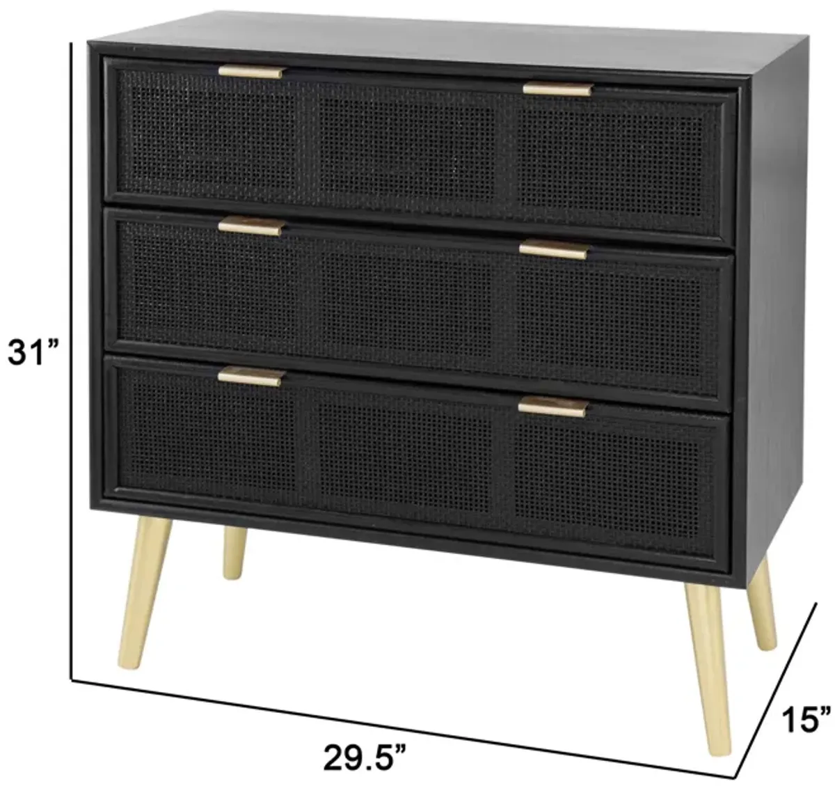 31 Inch Dresser Chest Cabinet, 3 Drawers, Woven Rattan, Modern, Black, Gold-Benzara