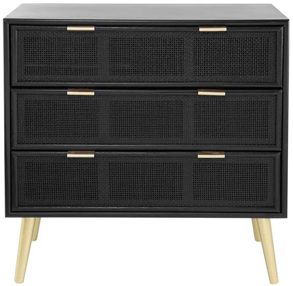 31 Inch Dresser Chest Cabinet, 3 Drawers, Woven Rattan, Modern, Black, Gold-Benzara