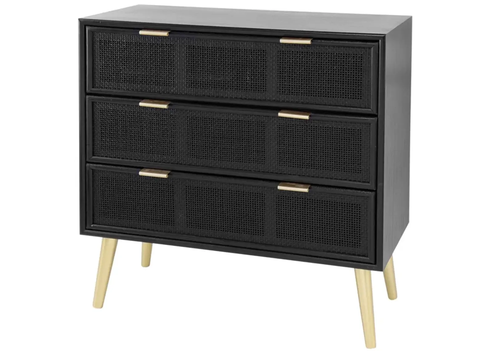 31 Inch Dresser Chest Cabinet, 3 Drawers, Woven Rattan, Modern, Black, Gold-Benzara