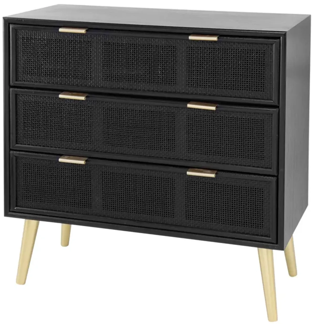 31 Inch Dresser Chest Cabinet, 3 Drawers, Woven Rattan, Modern, Black, Gold-Benzara