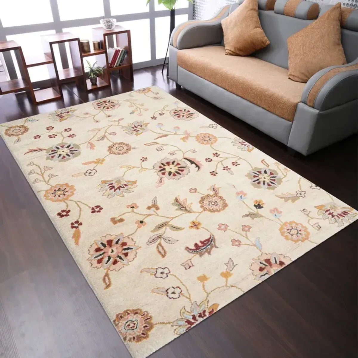 RUGSOTIC CARPETS HAND TUFTED WOOL ECO-FRIENDLY AREA RUGS  - 5'x8', Rectangle Shape, Cream, Floral Modern Design, High Pile Thick Handmade Anti Skid Area Rugs for Living Room, Bed Room (K00708)