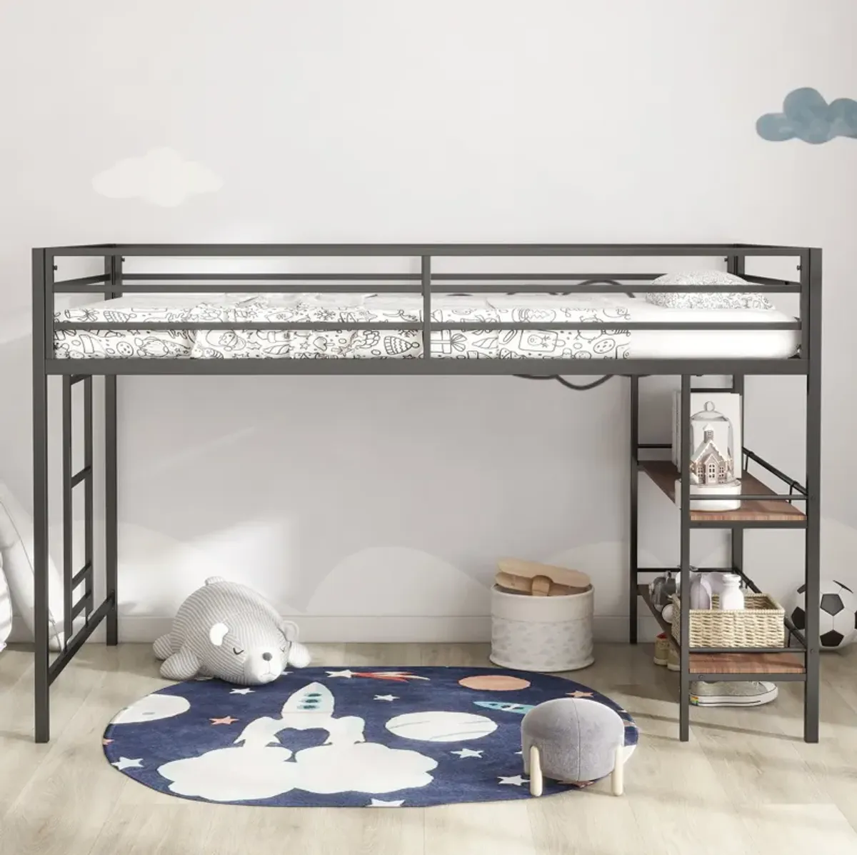 Junior Twin Loft Metal Bunk Bed Frame with Cinnamon Wood Shelf, Full-Length Guardrails, Anti-Noise Design, Easy Assembly, Black