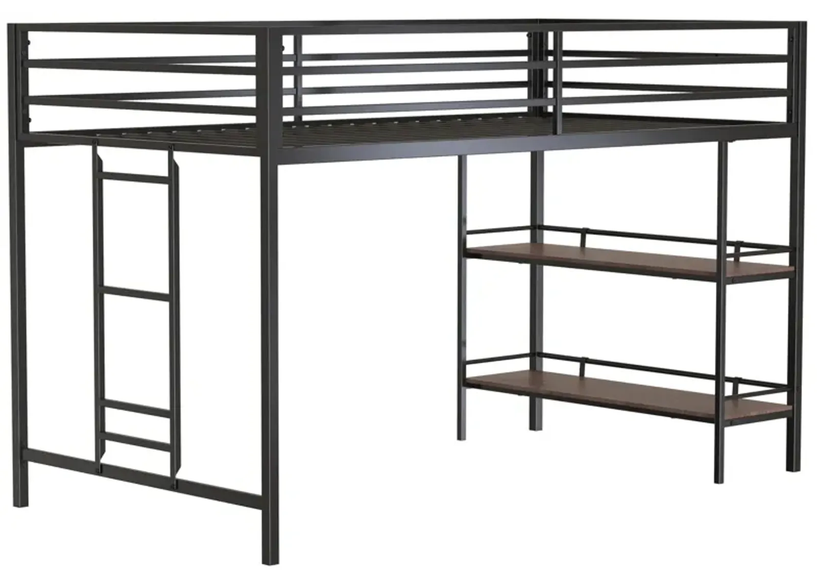 Junior Twin Loft Metal Bunk Bed Frame with Cinnamon Wood Shelf, Full-Length Guardrails, Anti-Noise Design, Easy Assembly, Black