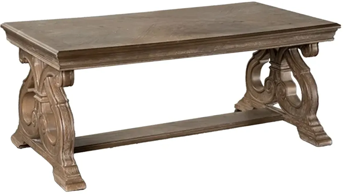 Gia Coffee Table, 52 Inch Rectangular Top, Carved Details, Brown Solid Wood