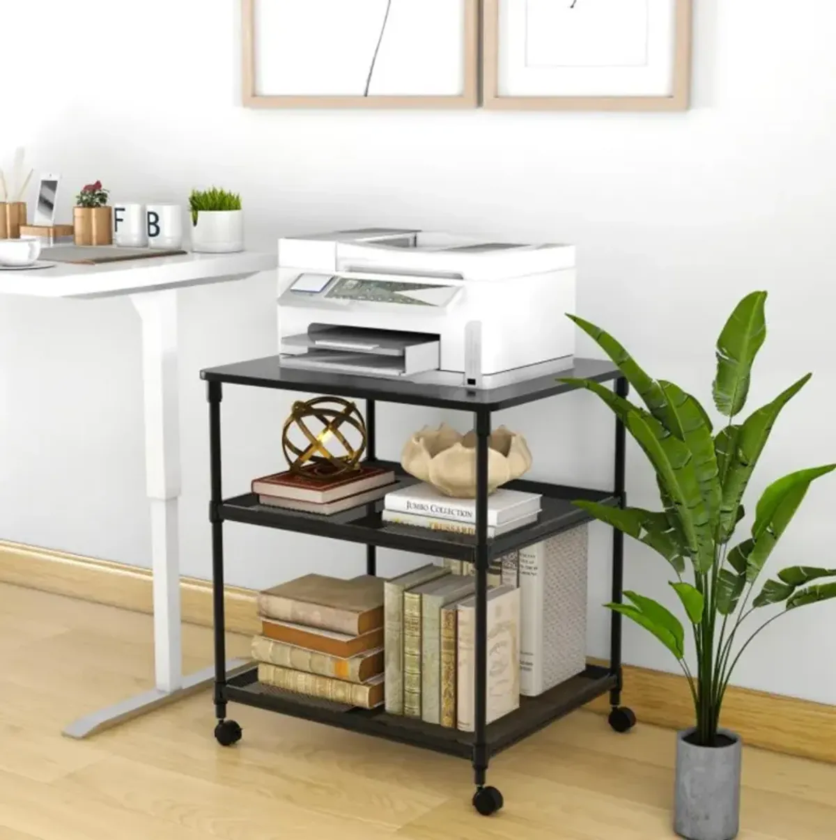 Hivvago 3 Tier Printer Stand Rolling Fax Cart with Adjustable Shelf and Swivel Wheels