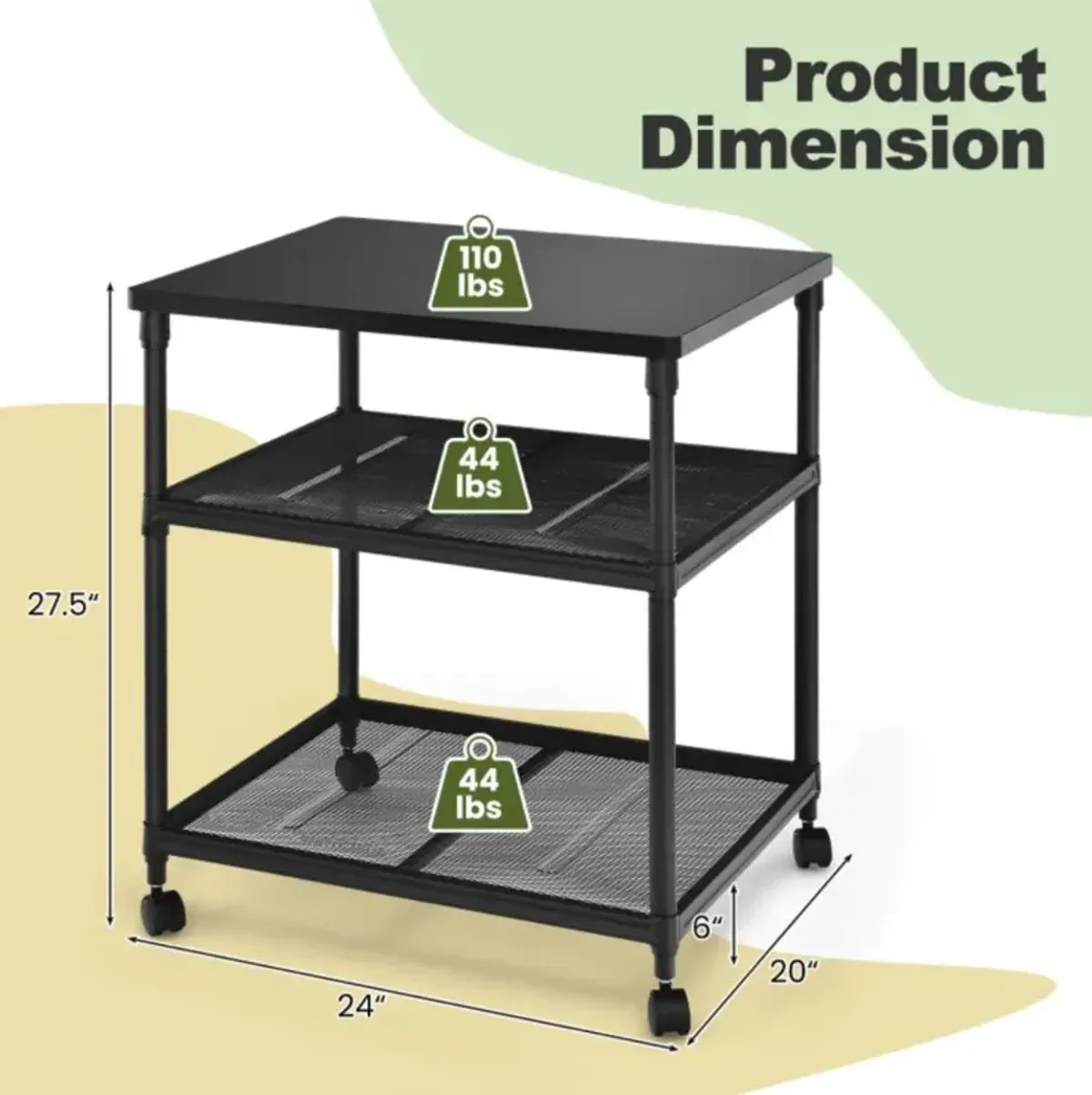 Hivvago 3 Tier Printer Stand Rolling Fax Cart with Adjustable Shelf and Swivel Wheels