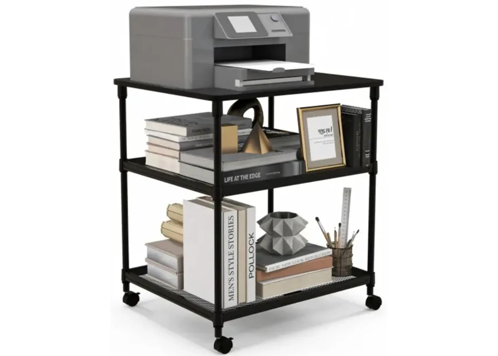 Hivvago 3 Tier Printer Stand Rolling Fax Cart with Adjustable Shelf and Swivel Wheels