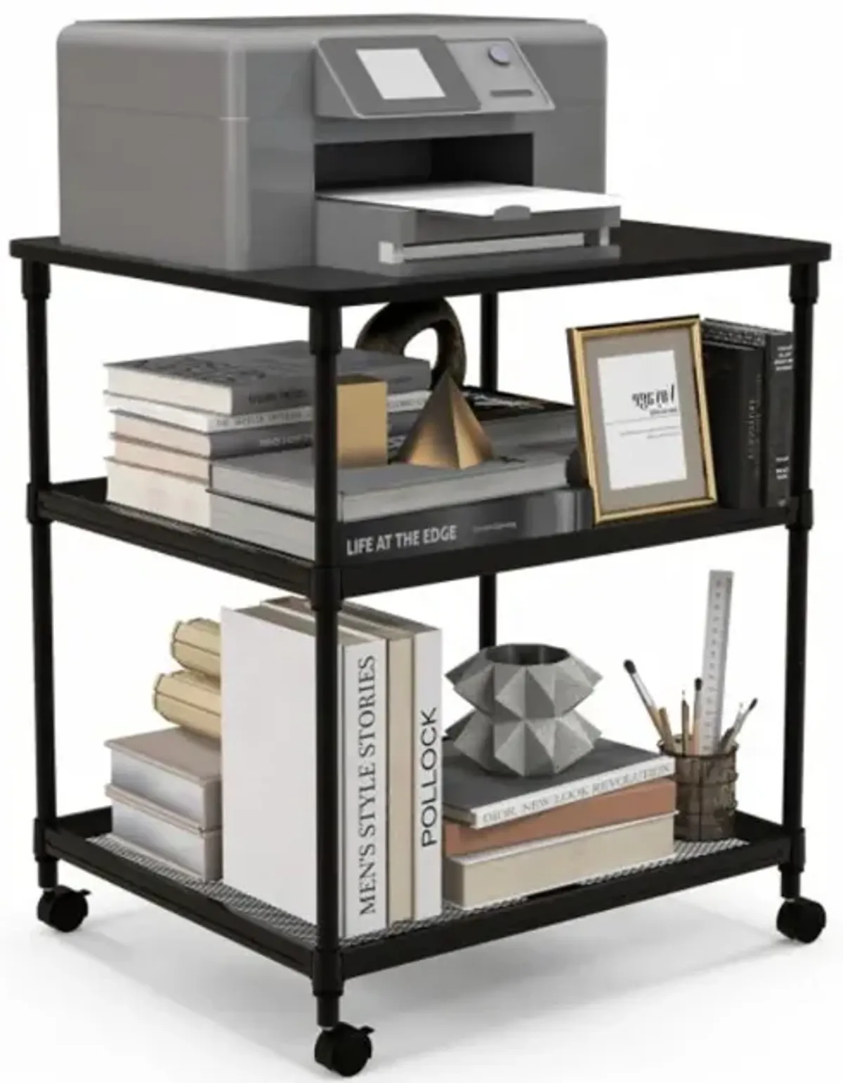 Hivvago 3 Tier Printer Stand Rolling Fax Cart with Adjustable Shelf and Swivel Wheels