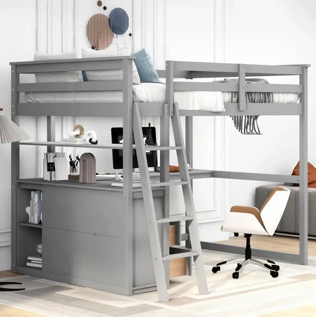 Full Size Loft Bed With Desk And Shelves, Two Built-In Drawers