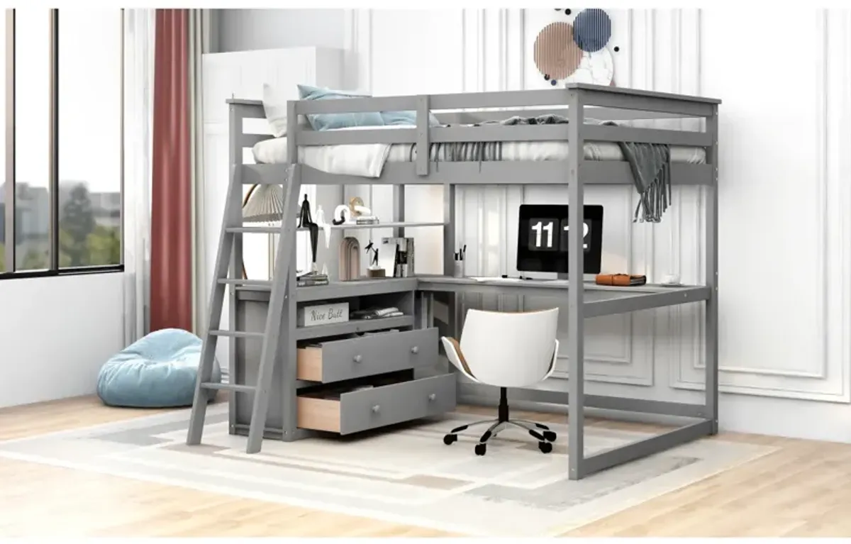 Full Size Loft Bed With Desk And Shelves, Two Built-In Drawers