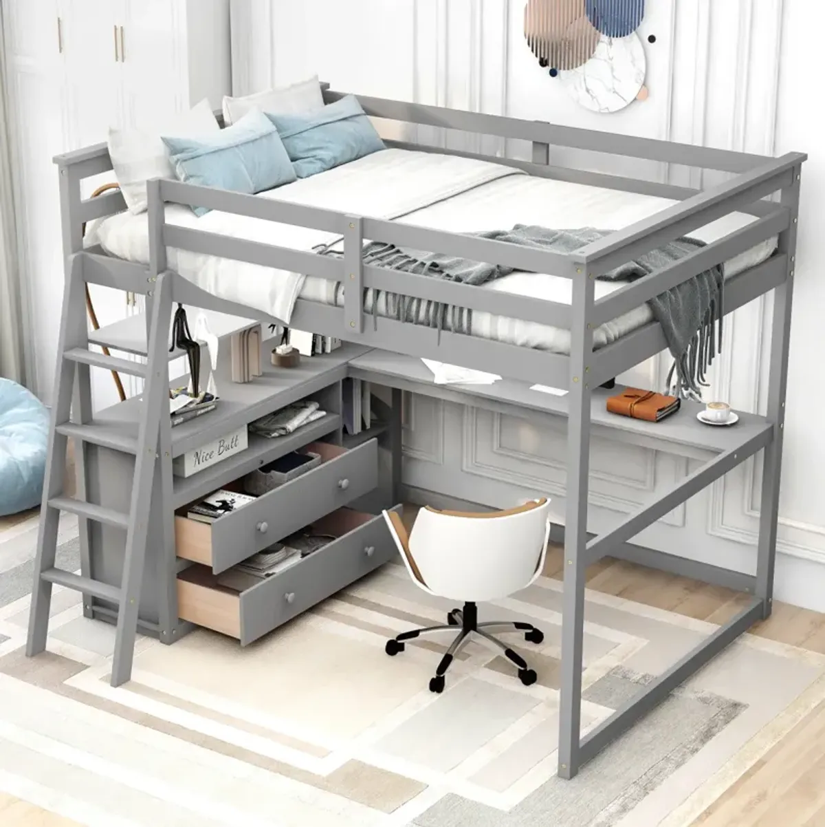 Full Size Loft Bed With Desk And Shelves, Two Built-In Drawers