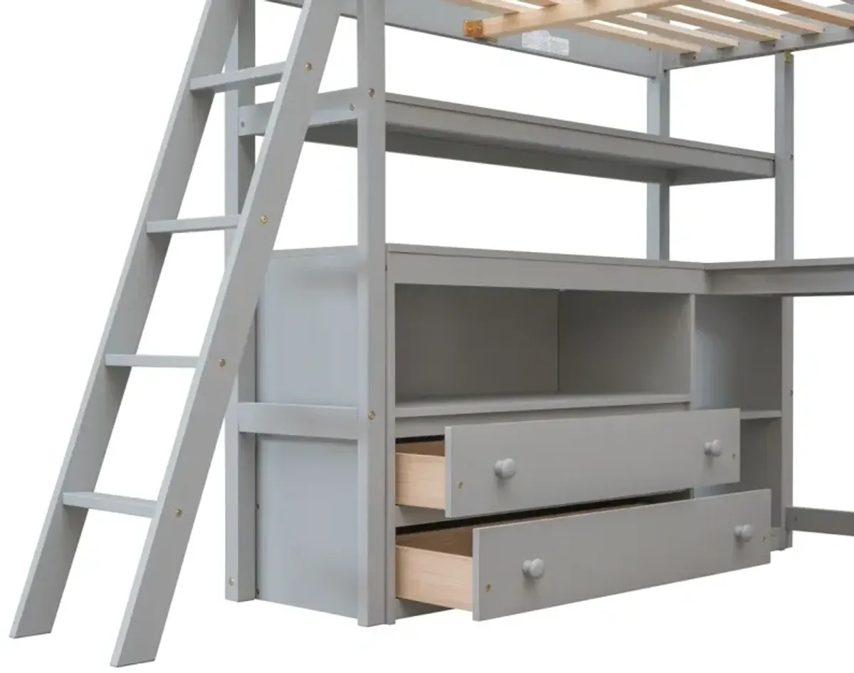 Full Size Loft Bed With Desk And Shelves, Two Built-In Drawers