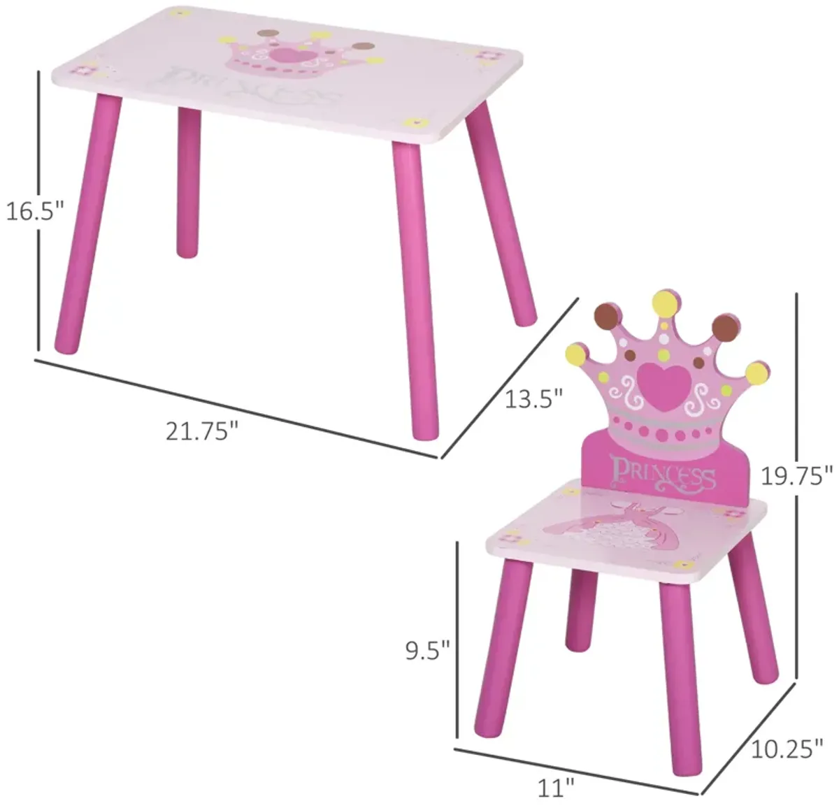 Triple Piece Collection Children's Wood Table Seat with Crown Pattern