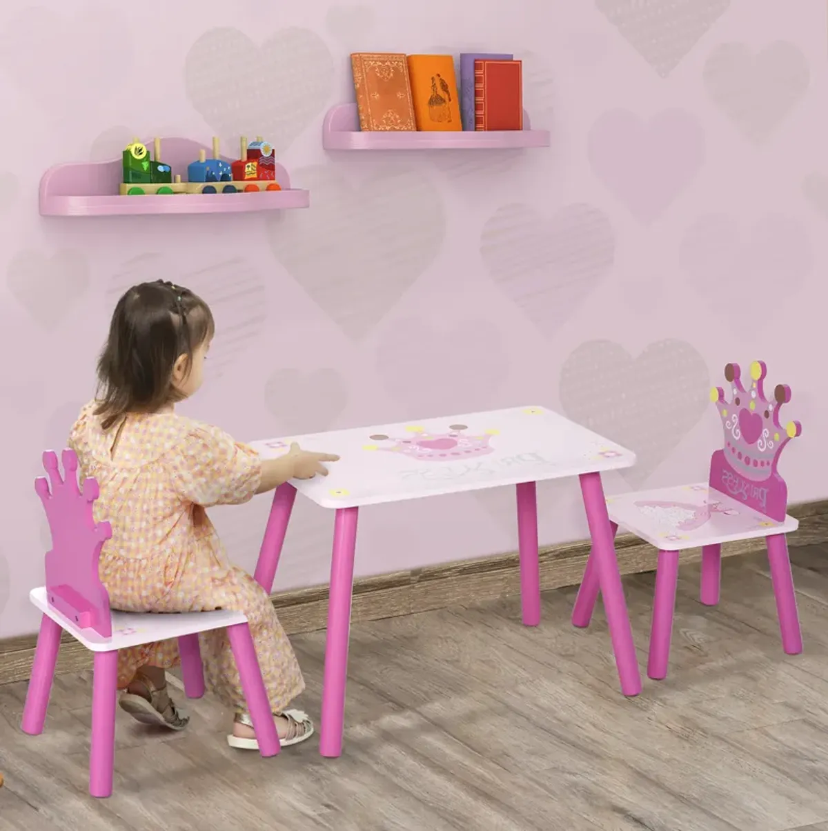 Triple Piece Collection Children's Wood Table Seat with Crown Pattern