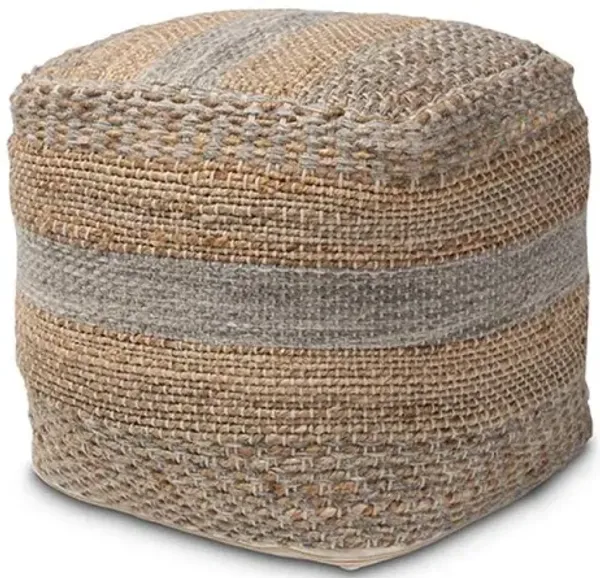 Grange Moroccan Inspired Natural and Grey Handwoven Hemp Pouf Ottoman
