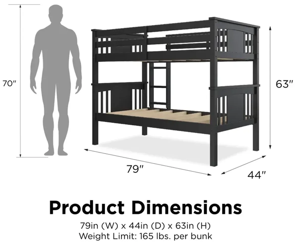 DHP Oakview Twin Over Twin Wooden Bunk Bed with Ladder and Safety Railings